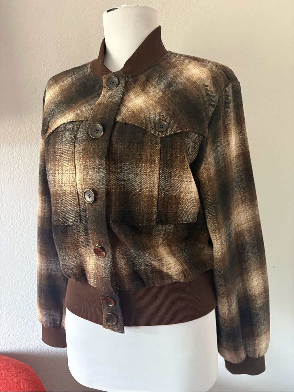 Kut from the Kloth brown plaid Enley bomber jacket size M - Picture 2 of 6